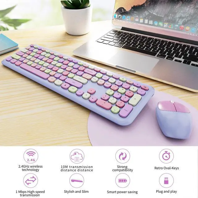 Alt view image 2 of 7 - Wireless Keyboard and Mouse Combo, Colorful Ergonomic Full Size Retro Low-Noise Keyboard with Cute keycaps, Compatible with Windows, PC, Perfer for Home and Office Keyboards (Purple)