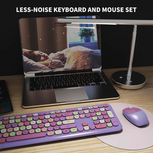 Alt view image 5 of 7 - Wireless Keyboard and Mouse Combo, Colorful Ergonomic Full Size Retro Low-Noise Keyboard with Cute keycaps, Compatible with Windows, PC, Perfer for Home and Office Keyboards (Purple)