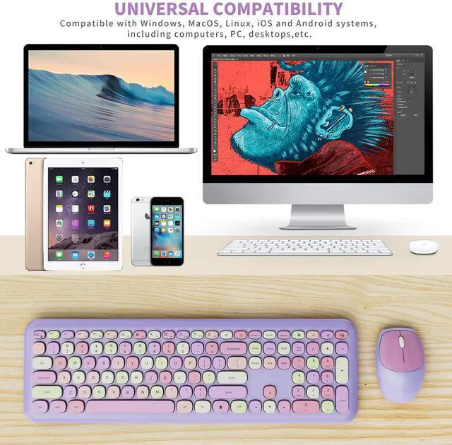 Alt view image 7 of 7 - Wireless Keyboard and Mouse Combo, Colorful Ergonomic Full Size Retro Low-Noise Keyboard with Cute keycaps, Compatible with Windows, PC, Perfer for Home and Office Keyboards (Purple)