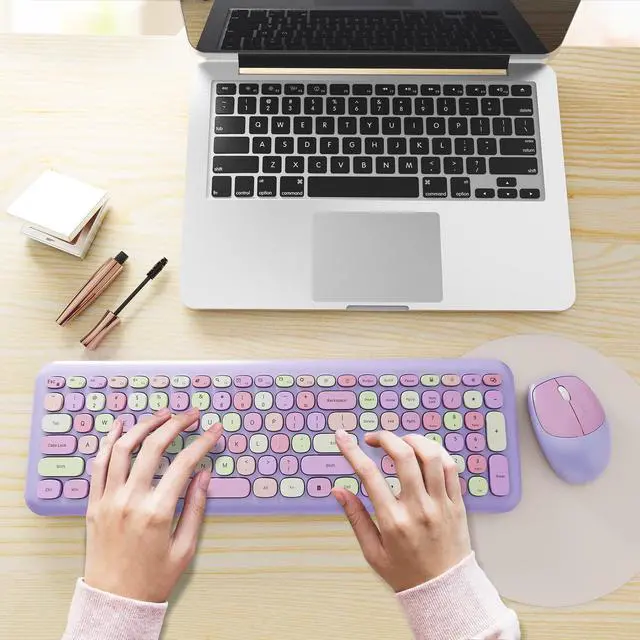Alt view image 6 of 7 - Wireless Keyboard and Mouse Combo, Colorful Ergonomic Full Size Retro Low-Noise Keyboard with Cute keycaps, Compatible with Windows, PC, Perfer for Home and Office Keyboards (Purple)