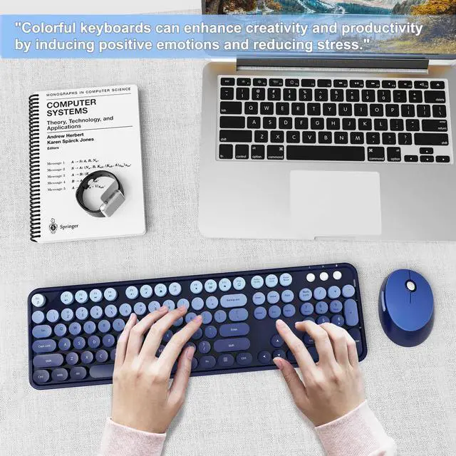 Alt view image 7 of 7 - Wireless Keyboard and Mouse Combo, Ergonomic Full Size Typewriter Retro Round Keycaps Keyboard, Compatible with Windows, PC, Perfer for Home and Office Keyboards (Twilight Blue