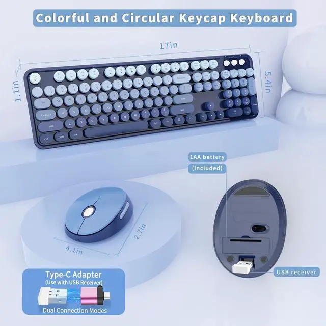 Alt view image 5 of 7 - Wireless Keyboard and Mouse Combo, Ergonomic Full Size Typewriter Retro Round Keycaps Keyboard, Compatible with Windows, PC, Perfer for Home and Office Keyboards (Twilight Blue