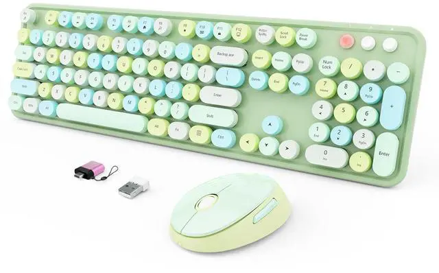 Main image of Wireless Keyboard and Mouse Combo, Ergonomic Full Size Typewriter Retro Round Keycaps Keyboard, Compatible with Windows, PC, Perfer for Home and Office Keyboards (Green