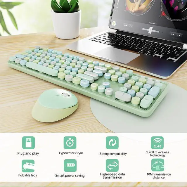 Alt view image 3 of 7 - Wireless Keyboard and Mouse Combo, Ergonomic Full Size Typewriter Retro Round Keycaps Keyboard, Compatible with Windows, PC, Perfer for Home and Office Keyboards (Green