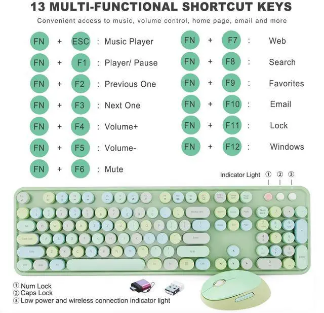 Alt view image 4 of 7 - Wireless Keyboard and Mouse Combo, Ergonomic Full Size Typewriter Retro Round Keycaps Keyboard, Compatible with Windows, PC, Perfer for Home and Office Keyboards (Green