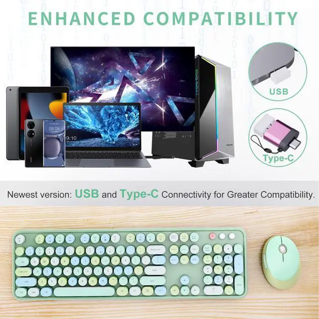 Alt view image 2 of 7 - Wireless Keyboard and Mouse Combo, Ergonomic Full Size Typewriter Retro Round Keycaps Keyboard, Compatible with Windows, PC, Perfer for Home and Office Keyboards (Green