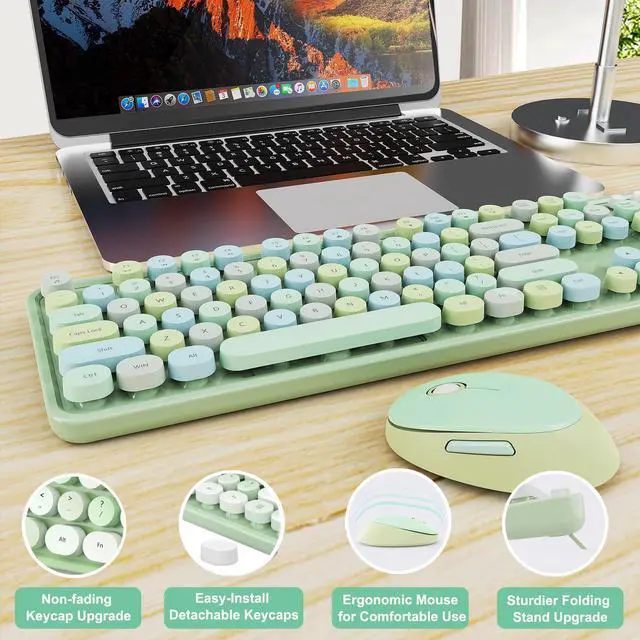 Alt view image 6 of 7 - Wireless Keyboard and Mouse Combo, Ergonomic Full Size Typewriter Retro Round Keycaps Keyboard, Compatible with Windows, PC, Perfer for Home and Office Keyboards (Green