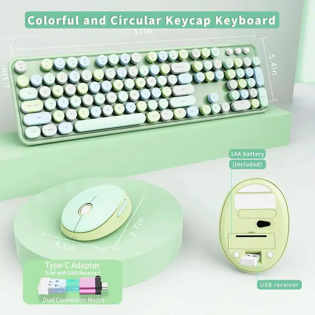 Alt view image 5 of 7 - Wireless Keyboard and Mouse Combo, Ergonomic Full Size Typewriter Retro Round Keycaps Keyboard, Compatible with Windows, PC, Perfer for Home and Office Keyboards (Green