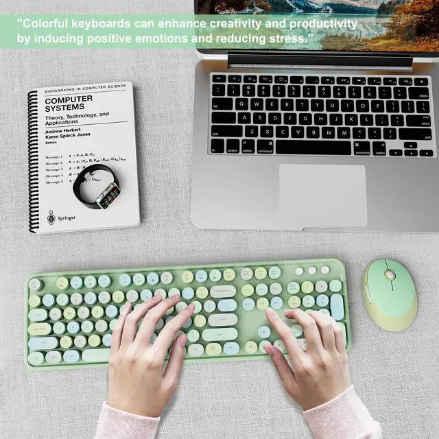 Alt view image 7 of 7 - Wireless Keyboard and Mouse Combo, Ergonomic Full Size Typewriter Retro Round Keycaps Keyboard, Compatible with Windows, PC, Perfer for Home and Office Keyboards (Green