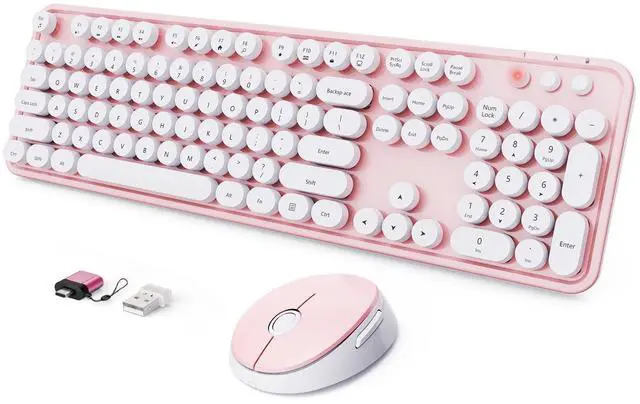 Main image of Wireless Keyboard and Mouse Combo, Ergonomic Full Size Typewriter Retro Round Keycaps Keyboard, Compatible with Windows, PC, Perfer for Home and Office Keyboards (Lovely Pink)