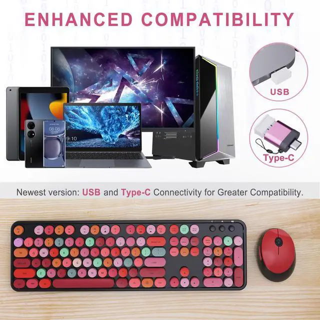 Alt view image 2 of 7 - Wireless Keyboard and Mouse Combo, Ergonomic Full Size Typewriter Retro Round Keycaps Keyboard, Compatible with Windows, PC, Perfer for Home and Office Keyboards (Red