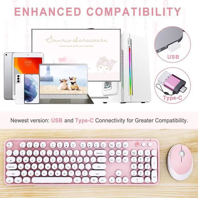 Alt view image 2 of 7 - Wireless Keyboard and Mouse Combo, Ergonomic Full Size Typewriter Retro Round Keycaps Keyboard, Compatible with Windows, PC, Perfer for Home and Office Keyboards (Lovely Pink)