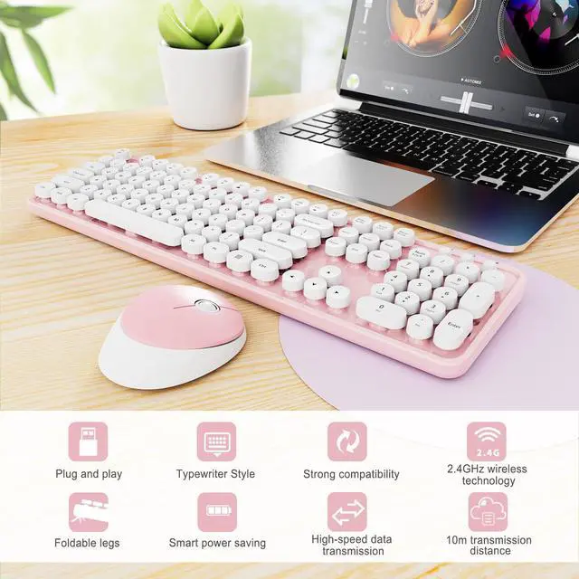 Alt view image 3 of 7 - Wireless Keyboard and Mouse Combo, Ergonomic Full Size Typewriter Retro Round Keycaps Keyboard, Compatible with Windows, PC, Perfer for Home and Office Keyboards (Lovely Pink)