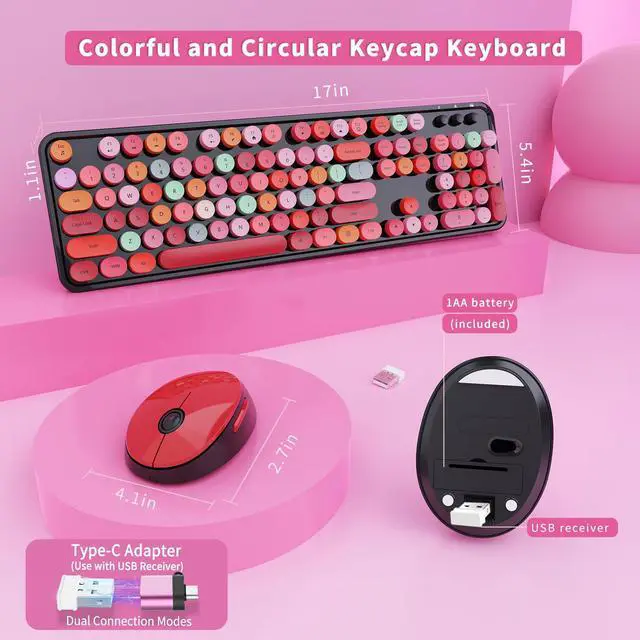 Alt view image 5 of 7 - Wireless Keyboard and Mouse Combo, Ergonomic Full Size Typewriter Retro Round Keycaps Keyboard, Compatible with Windows, PC, Perfer for Home and Office Keyboards (Red