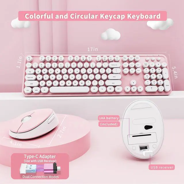 Alt view image 5 of 7 - Wireless Keyboard and Mouse Combo, Ergonomic Full Size Typewriter Retro Round Keycaps Keyboard, Compatible with Windows, PC, Perfer for Home and Office Keyboards (Lovely Pink)