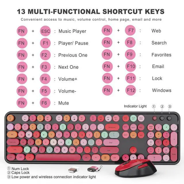Alt view image 4 of 7 - Wireless Keyboard and Mouse Combo, Ergonomic Full Size Typewriter Retro Round Keycaps Keyboard, Compatible with Windows, PC, Perfer for Home and Office Keyboards (Red