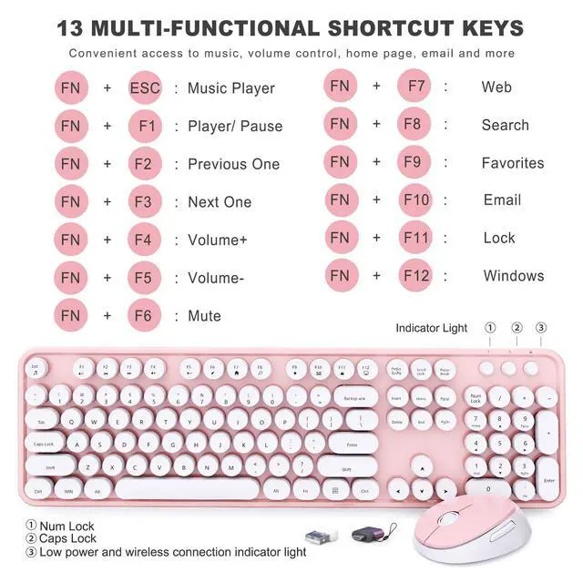 Alt view image 4 of 7 - Wireless Keyboard and Mouse Combo, Ergonomic Full Size Typewriter Retro Round Keycaps Keyboard, Compatible with Windows, PC, Perfer for Home and Office Keyboards (Lovely Pink)
