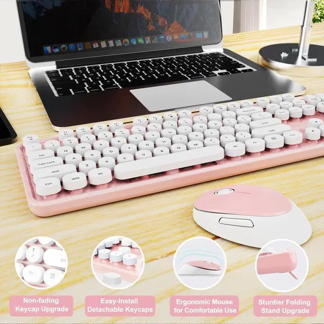 Alt view image 6 of 7 - Wireless Keyboard and Mouse Combo, Ergonomic Full Size Typewriter Retro Round Keycaps Keyboard, Compatible with Windows, PC, Perfer for Home and Office Keyboards (Lovely Pink)
