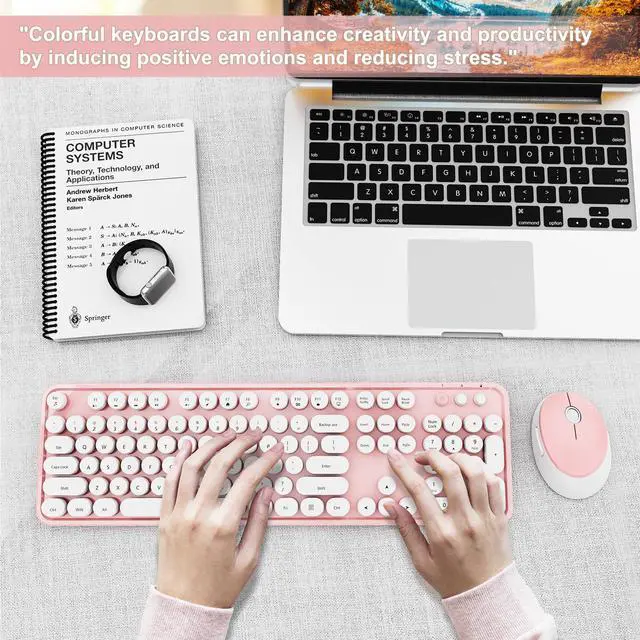 Alt view image 7 of 7 - Wireless Keyboard and Mouse Combo, Ergonomic Full Size Typewriter Retro Round Keycaps Keyboard, Compatible with Windows, PC, Perfer for Home and Office Keyboards (Lovely Pink)