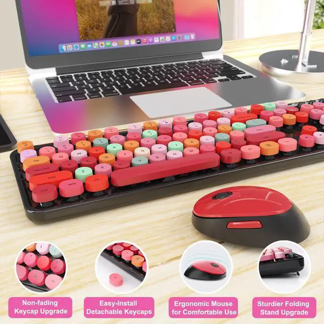 Alt view image 6 of 7 - Wireless Keyboard and Mouse Combo, Ergonomic Full Size Typewriter Retro Round Keycaps Keyboard, Compatible with Windows, PC, Perfer for Home and Office Keyboards (Red