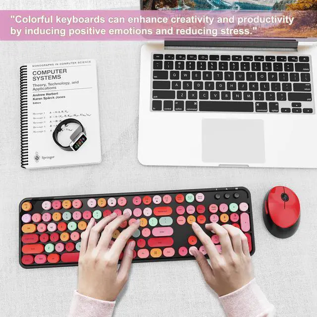 Alt view image 7 of 7 - Wireless Keyboard and Mouse Combo, Ergonomic Full Size Typewriter Retro Round Keycaps Keyboard, Compatible with Windows, PC, Perfer for Home and Office Keyboards (Red