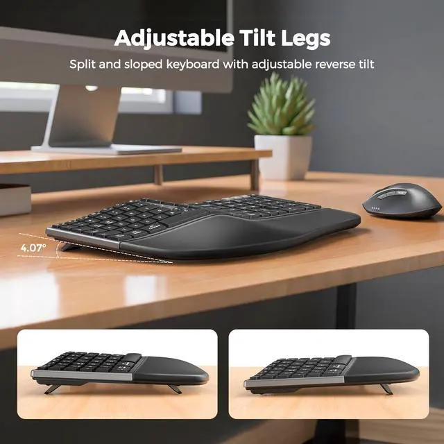 Alt view image 6 of 7 - Ergonomic Keyboard and Mouse Wireless, Split Curved 2.4G & Bluetooth Keyboard Mouse, Full-size Cushioned Palm Rest Keyboard, 4 Adjustable DPI Mouse, Compatible for Windows/Mac/PC/Laptop, Black