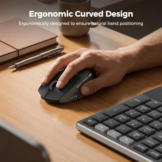 Alt view image 7 of 7 - Ergonomic Keyboard and Mouse Wireless, Split Curved 2.4G & Bluetooth Keyboard Mouse, Full-size Cushioned Palm Rest Keyboard, 4 Adjustable DPI Mouse, Compatible for Windows/Mac/PC/Laptop, Black