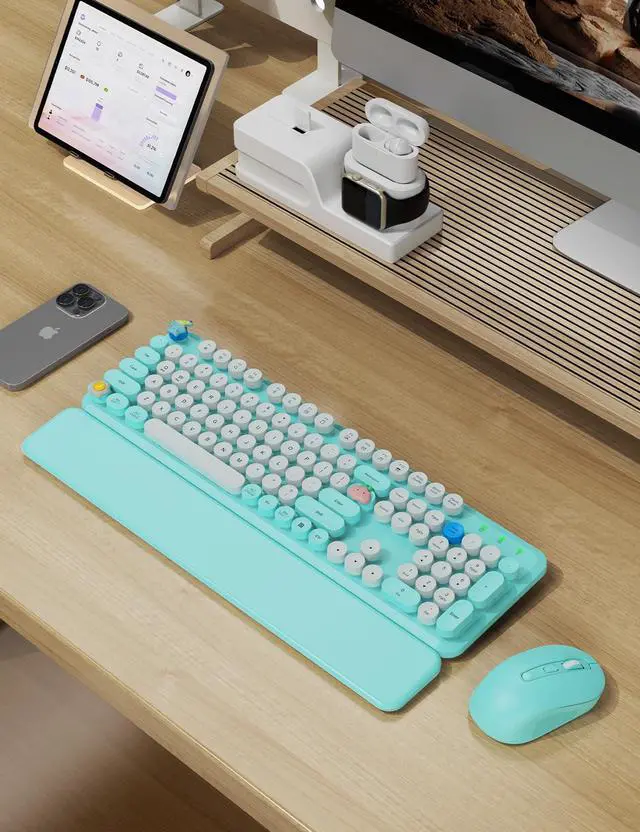 Alt view image 2 of 7 - Wireless Keyboard and Mouse Combo - Cute Typewriter Keyboard with Detachable Wrist Rest, Retro Round Keycaps, Foldable Legs, 2.4GHz Full-Size for PC, Laptop, Windows - (Glacier Blue)