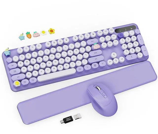 Main image of Wireless Keyboard and Mouse Combo - Cute Typewriter Keyboard with Detachable Wrist Rest, Retro Round Keycaps, Foldable Legs, 2.4GHz Full-Size Keyboard for PC, Laptop, Mac, Windows - (Purple)