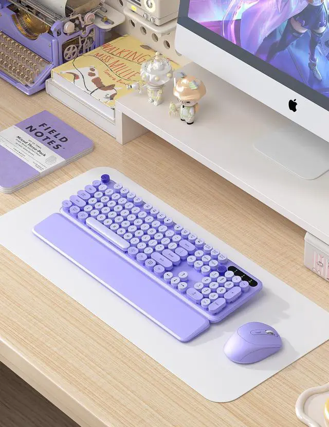 Alt view image 2 of 7 - Wireless Keyboard and Mouse Combo - Cute Typewriter Keyboard with Detachable Wrist Rest, Retro Round Keycaps, Foldable Legs, 2.4GHz Full-Size Keyboard for PC, Laptop, Mac, Windows - (Purple)