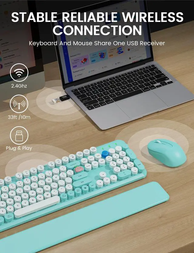 Alt view image 4 of 7 - Wireless Keyboard and Mouse Combo - Cute Typewriter Keyboard with Detachable Wrist Rest, Retro Round Keycaps, Foldable Legs, 2.4GHz Full-Size for PC, Laptop, Windows - (Glacier Blue)