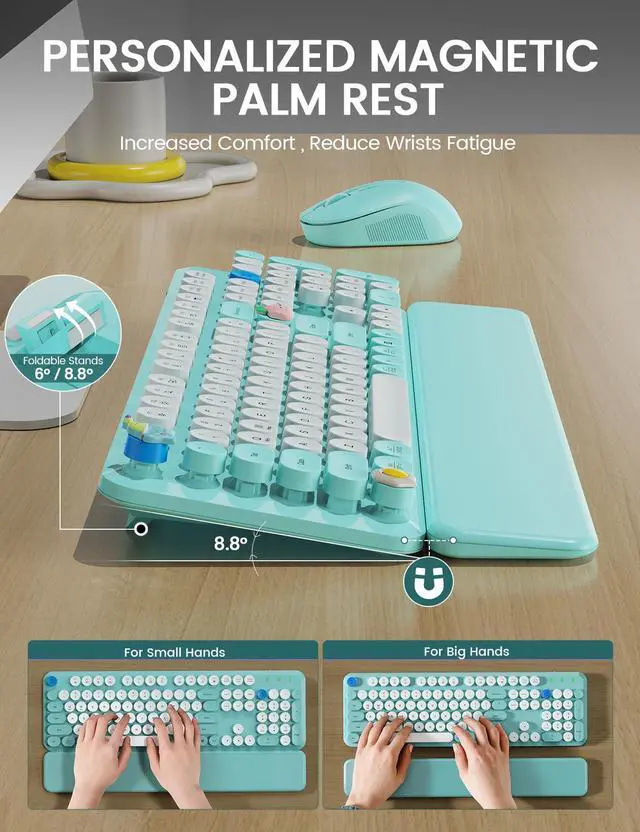 Alt view image 3 of 7 - Wireless Keyboard and Mouse Combo - Cute Typewriter Keyboard with Detachable Wrist Rest, Retro Round Keycaps, Foldable Legs, 2.4GHz Full-Size for PC, Laptop, Windows - (Glacier Blue)