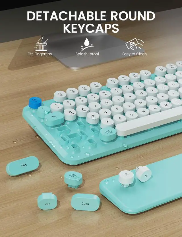 Alt view image 6 of 7 - Wireless Keyboard and Mouse Combo - Cute Typewriter Keyboard with Detachable Wrist Rest, Retro Round Keycaps, Foldable Legs, 2.4GHz Full-Size for PC, Laptop, Windows - (Glacier Blue)