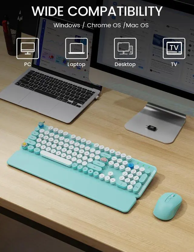 Alt view image 7 of 7 - Wireless Keyboard and Mouse Combo - Cute Typewriter Keyboard with Detachable Wrist Rest, Retro Round Keycaps, Foldable Legs, 2.4GHz Full-Size for PC, Laptop, Windows - (Glacier Blue)