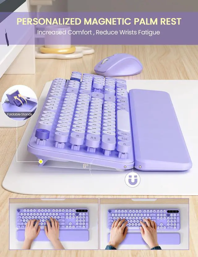 Alt view image 3 of 7 - Wireless Keyboard and Mouse Combo - Cute Typewriter Keyboard with Detachable Wrist Rest, Retro Round Keycaps, Foldable Legs, 2.4GHz Full-Size Keyboard for PC, Laptop, Mac, Windows - (Purple)