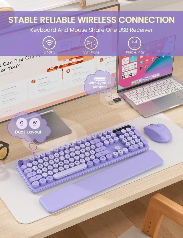 Alt view image 4 of 7 - Wireless Keyboard and Mouse Combo - Cute Typewriter Keyboard with Detachable Wrist Rest, Retro Round Keycaps, Foldable Legs, 2.4GHz Full-Size Keyboard for PC, Laptop, Mac, Windows - (Purple)