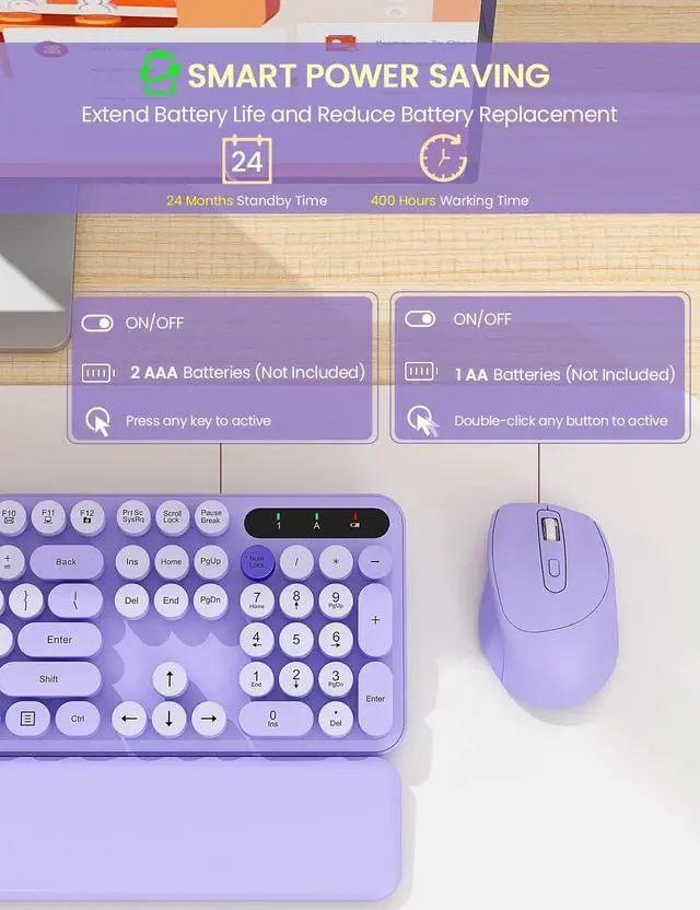 Alt view image 5 of 7 - Wireless Keyboard and Mouse Combo - Cute Typewriter Keyboard with Detachable Wrist Rest, Retro Round Keycaps, Foldable Legs, 2.4GHz Full-Size Keyboard for PC, Laptop, Mac, Windows - (Purple)