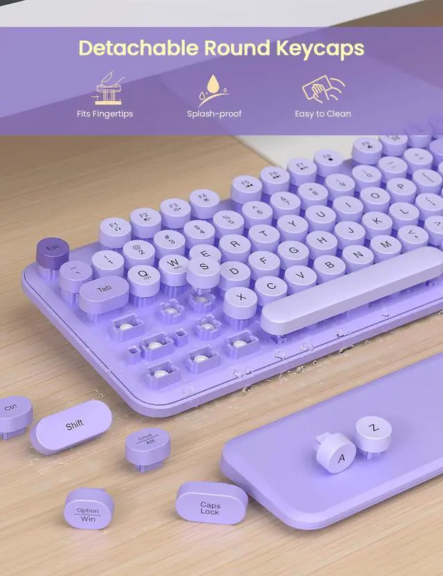 Alt view image 6 of 7 - Wireless Keyboard and Mouse Combo - Cute Typewriter Keyboard with Detachable Wrist Rest, Retro Round Keycaps, Foldable Legs, 2.4GHz Full-Size Keyboard for PC, Laptop, Mac, Windows - (Purple)