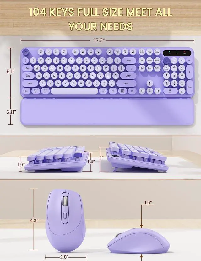 Alt view image 7 of 7 - Wireless Keyboard and Mouse Combo - Cute Typewriter Keyboard with Detachable Wrist Rest, Retro Round Keycaps, Foldable Legs, 2.4GHz Full-Size Keyboard for PC, Laptop, Mac, Windows - (Purple)