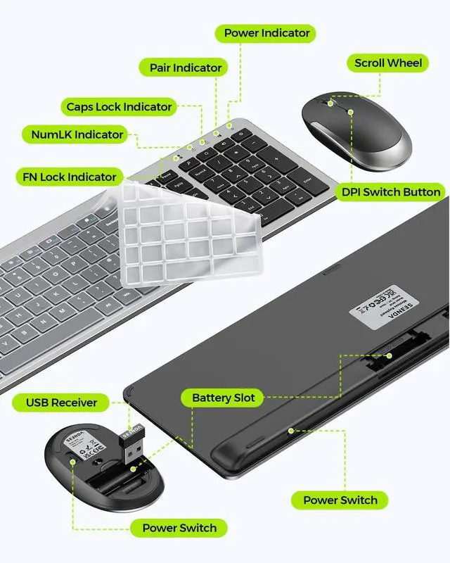 Alt view image 5 of 7 - Wireless Keyboard and Mouse Combo - Full Size Slim Thin Wireless Keyboard Mouse with Numeric Keypad 2.4G Stable Connection Adjustable DPI (Grey & Black)