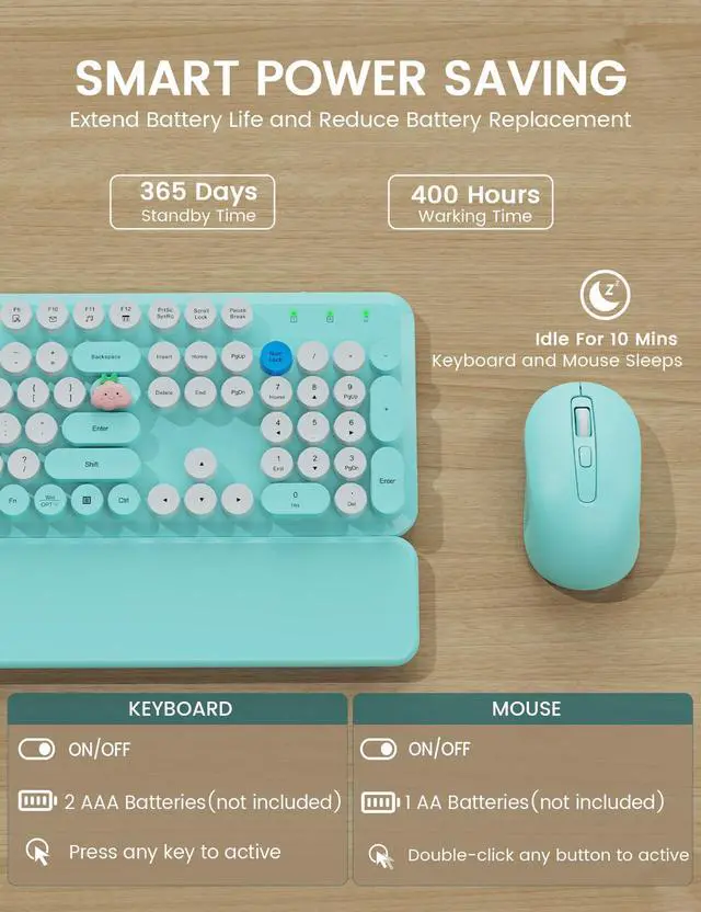 Alt view image 5 of 7 - Wireless Keyboard and Mouse Combo - Cute Typewriter Keyboard with Detachable Wrist Rest, Retro Round Keycaps, Foldable Legs, 2.4GHz Full-Size for PC, Laptop, Windows - (Glacier Blue)