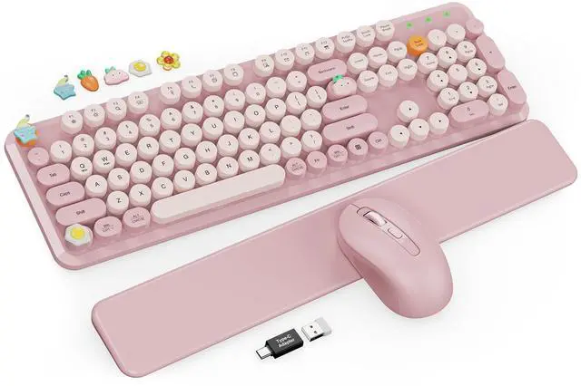 Main image of Wireless Keyboard and Mouse Combo, Typewriter Keyboard with Detachable Wrist Rest, Full-Size Retro Round Keycaps, Smart-Sleep, 2.4GHz Stable Connection for Mac/Windows/PC, (Dusty Rose)