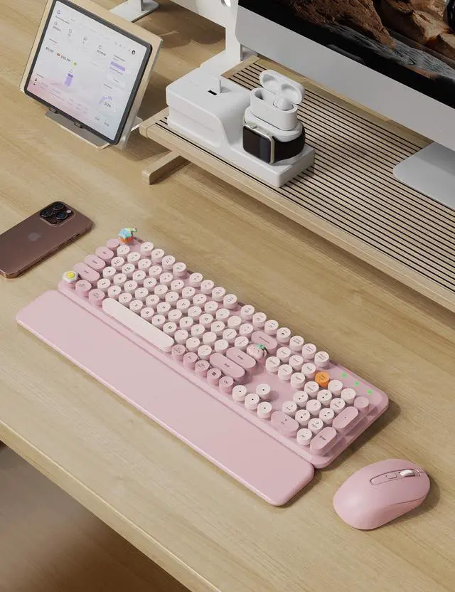 Alt view image 2 of 7 - Wireless Keyboard and Mouse Combo, Typewriter Keyboard with Detachable Wrist Rest, Full-Size Retro Round Keycaps, Smart-Sleep, 2.4GHz Stable Connection for Mac/Windows/PC, (Dusty Rose)