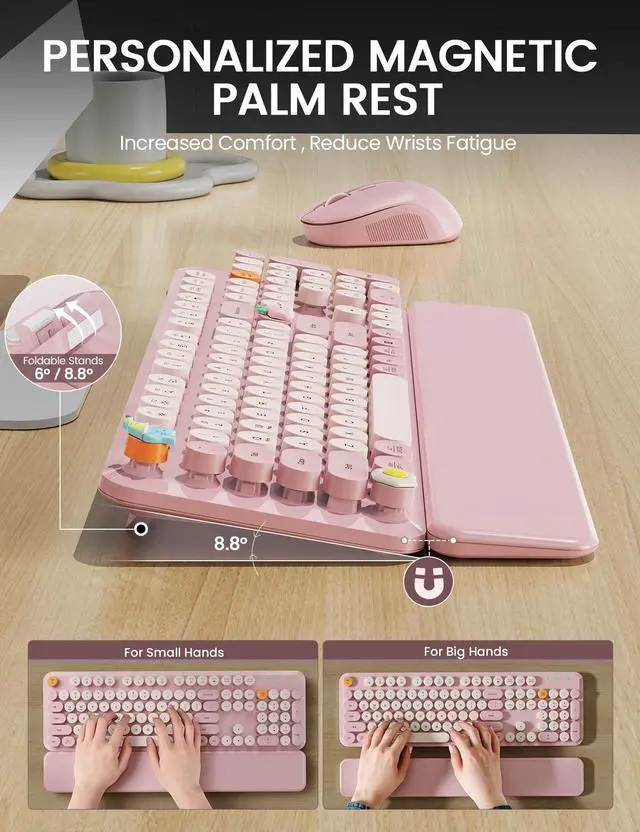 Alt view image 3 of 7 - Wireless Keyboard and Mouse Combo, Typewriter Keyboard with Detachable Wrist Rest, Full-Size Retro Round Keycaps, Smart-Sleep, 2.4GHz Stable Connection for Mac/Windows/PC, (Dusty Rose)