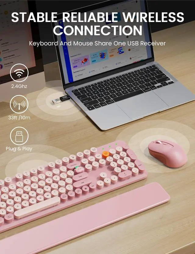Alt view image 4 of 7 - Wireless Keyboard and Mouse Combo, Typewriter Keyboard with Detachable Wrist Rest, Full-Size Retro Round Keycaps, Smart-Sleep, 2.4GHz Stable Connection for Mac/Windows/PC, (Dusty Rose)
