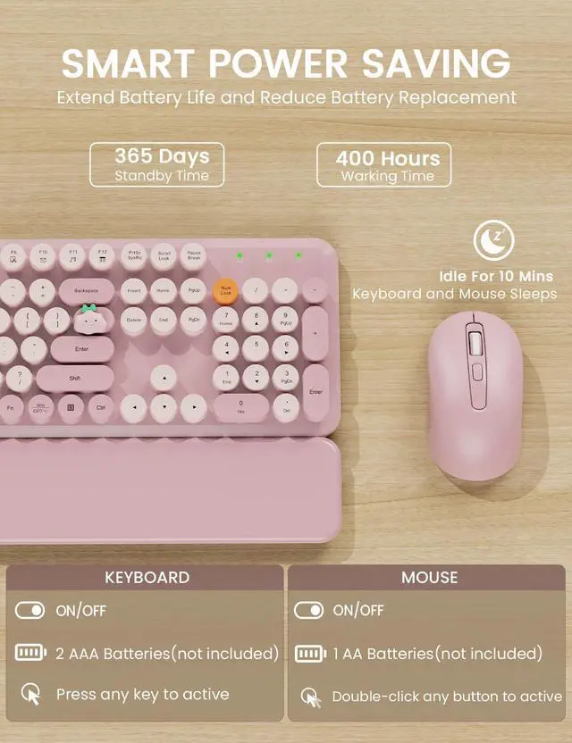 Alt view image 5 of 7 - Wireless Keyboard and Mouse Combo, Typewriter Keyboard with Detachable Wrist Rest, Full-Size Retro Round Keycaps, Smart-Sleep, 2.4GHz Stable Connection for Mac/Windows/PC, (Dusty Rose)