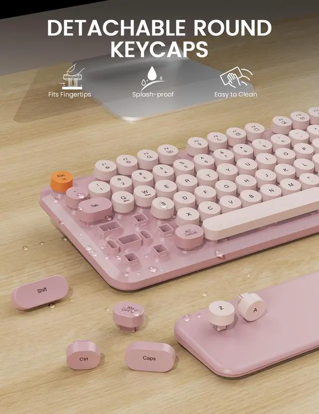 Alt view image 6 of 7 - Wireless Keyboard and Mouse Combo, Typewriter Keyboard with Detachable Wrist Rest, Full-Size Retro Round Keycaps, Smart-Sleep, 2.4GHz Stable Connection for Mac/Windows/PC, (Dusty Rose)