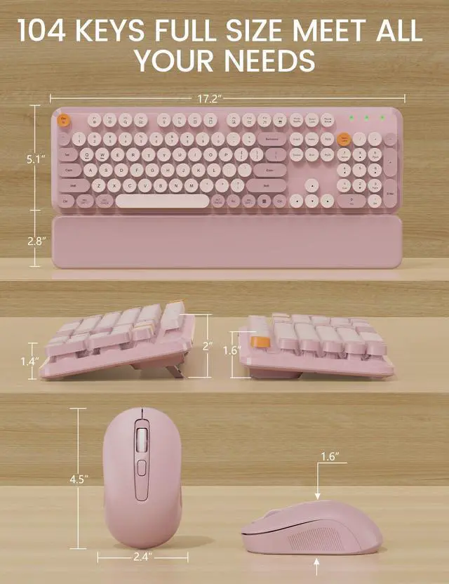 Alt view image 7 of 7 - Wireless Keyboard and Mouse Combo, Typewriter Keyboard with Detachable Wrist Rest, Full-Size Retro Round Keycaps, Smart-Sleep, 2.4GHz Stable Connection for Mac/Windows/PC, (Dusty Rose)