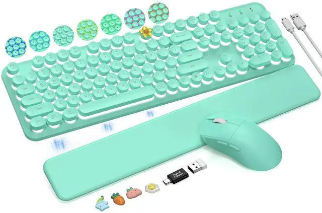Main image of Wireless Keyboard and Mouse Backlit - Typewriter Keyboard with Magnetic Wrist Rest, Retro Round Keycaps, Light Up Letters, 2.4GHz Cordless Combo for Mac, Windows, PC, Laptop