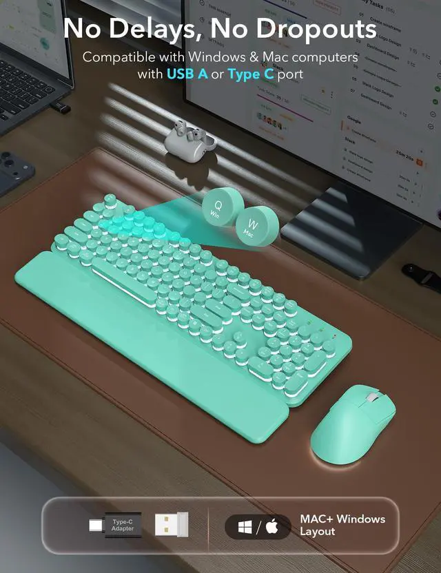 Alt view image 3 of 7 - Wireless Keyboard and Mouse Backlit - Typewriter Keyboard with Magnetic Wrist Rest, Retro Round Keycaps, Light Up Letters, 2.4GHz Cordless Combo for Mac, Windows, PC, Laptop